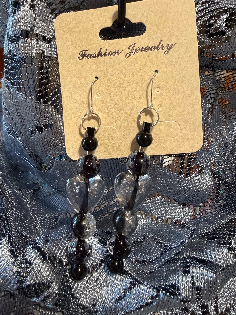 Black Glass Heart Dangle Earrings